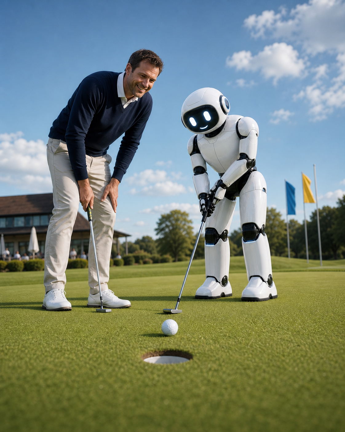 GaryBot tritt tagsüber auf dem Green zu einem Putt-Duell gegen einen Golfer an